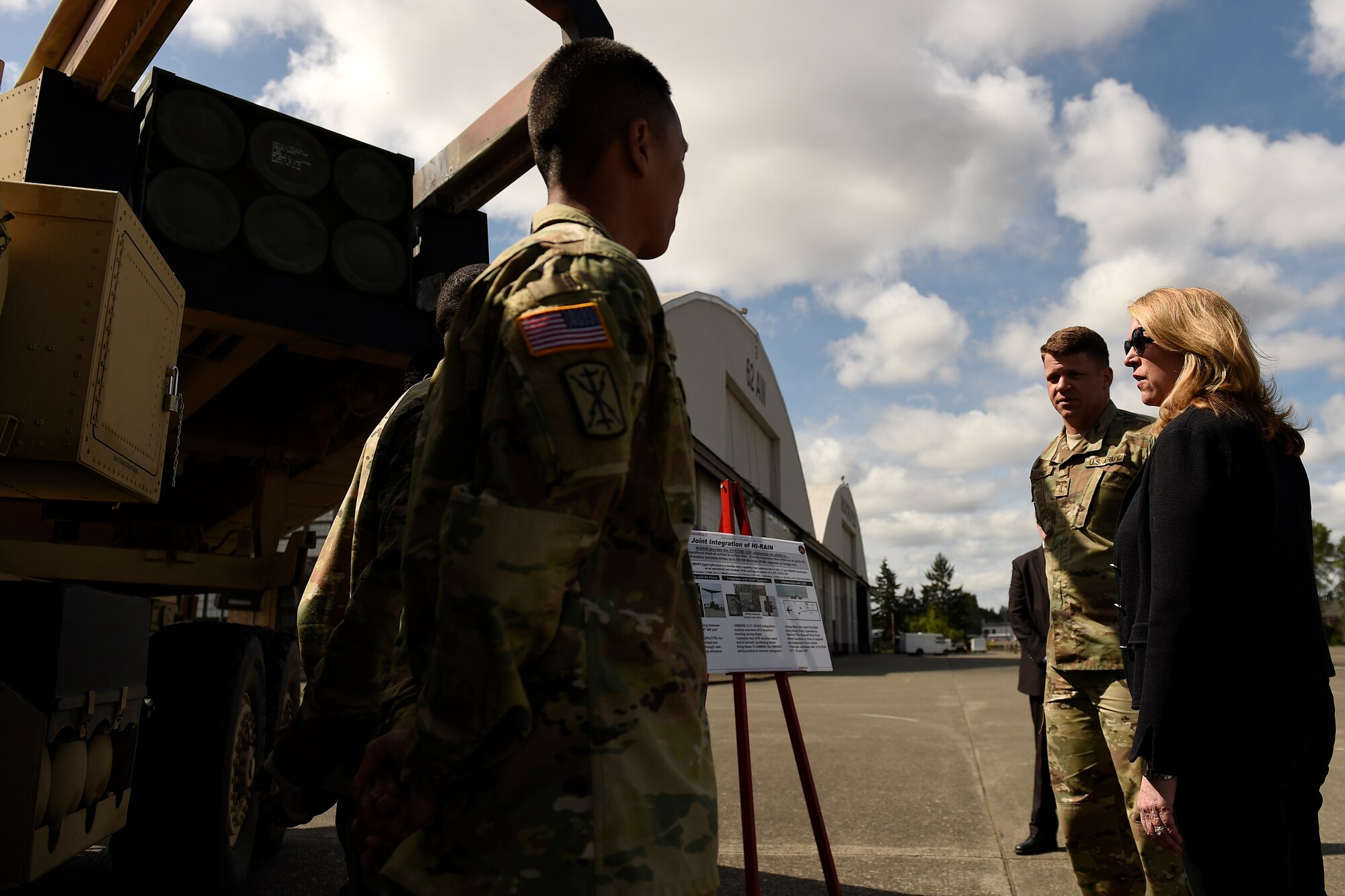 Secretary of the Air Force Deborah Lee James talks with Soldiers from the 2nd Stryker Brigade April 26, 2016, at Joint Base Lewis-McChord, Wash. The Soldiers discussed the High Mobility Artillery Rocket System and the precision of the GPS guided rockets. (U.S Air Force photo/Tech. Sgt. Tim Chacon) 