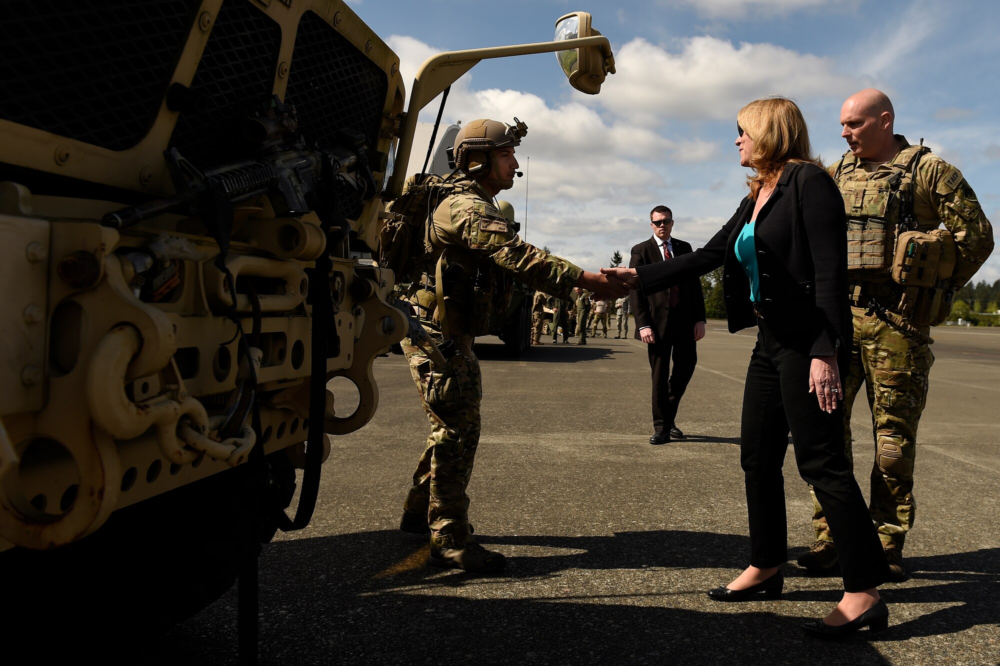 Secretary of the Air Force Deborah Lee James talks with 5th Air Special Operations Squadron Tactical Air Control Party Airmen, April 26, 2016 at Joint Base Lewis-McChord, Wash. TACP Airmen are part of the special operations community and responsibilities include calling in airstrikes and close air support from forward deployed locations, typically imbedded with Army units. (U.S Air Force photo/Tech. Sgt. Tim Chacon) 