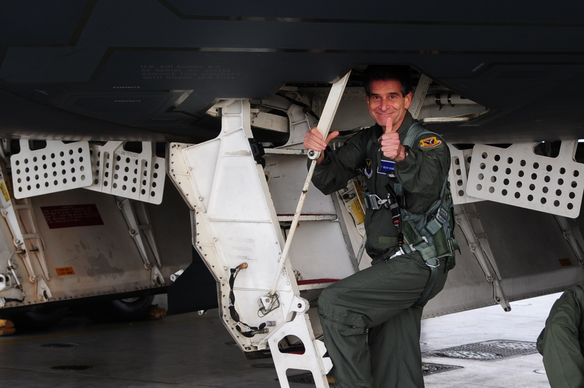 Dean Kamen, the FIRST Robotics founder, gives a thumbs up prior to boarding a B-2 Spirit for an incentive flight at Whiteman Air Force Base, Mo., April 26, 2016. The U.S. Air Force and FIRST Robotics share an interest in developing youth into future leaders through exposure to education in science, technology, engineering and mathematics. (U.S. Air Force photo by Airman 1st Class Keenan Berry)