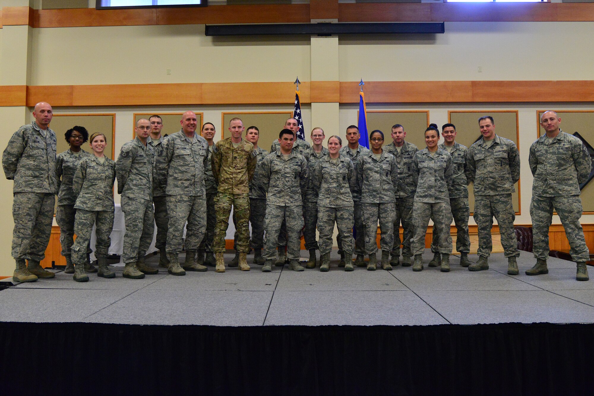 Winners from the first quarter Wing Quarterly Awards pose for a photo at the Grizzly Bend on April 28. Winners are: Airman of the Quarter, Senior Airman Elizabeth Carter, 341st Mission Support Group; NCO of the Quarter, Tech. Sgt. Aron Virden, 341st Security Forces Group; SNCO of the Quarter, Senior Master Sgt. Patrick Holtzmann, 341st SFG; Company Grade Officer of the Quarter, Capt. Daniel Blomberg, 341st MSG; 341st Missile Wing Professional Team of the Quarter, Training and Scheduling Section, 341st SFG; Honor Guard Member of the Quarter, Senior Airman Angelique Tetrault, 341st MSG; Dormitory of the Quarter, Brandon Beekhuizen, 341st Maintenance Group; Non-Supervisor Category-I Civilian of the Quarter, Jessica Gaines, 341st Medical Group; Non-Supervisor Category-II Civilian of the Quarter, Beaumont Wade, 341st Wing Staff Agency; Supervisor Category-I Civilian of the Quarter, Marvin Singleton, 341st MSG; Supervisor Category-II Civilian of the Quarter, Tracy May, 341st MXG; Volunteer of the Quarter, 2nd Lt. Ashley Traughber, 341st Operations Group. (U.S. Air Force photo/Airman Daniel Brosam)