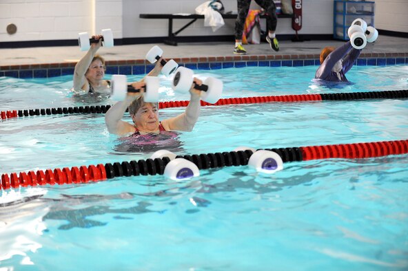 A group of seniors participates in a water aerobics class at the Robins Fitness Center, April 27, 2016. According to the Centers For Disease Control, water-based exercise can help people with chronic diseases like arthritis. It improves use of affected joints without worsening symptoms. (U.S. Air Force photo by Tommie Horton)