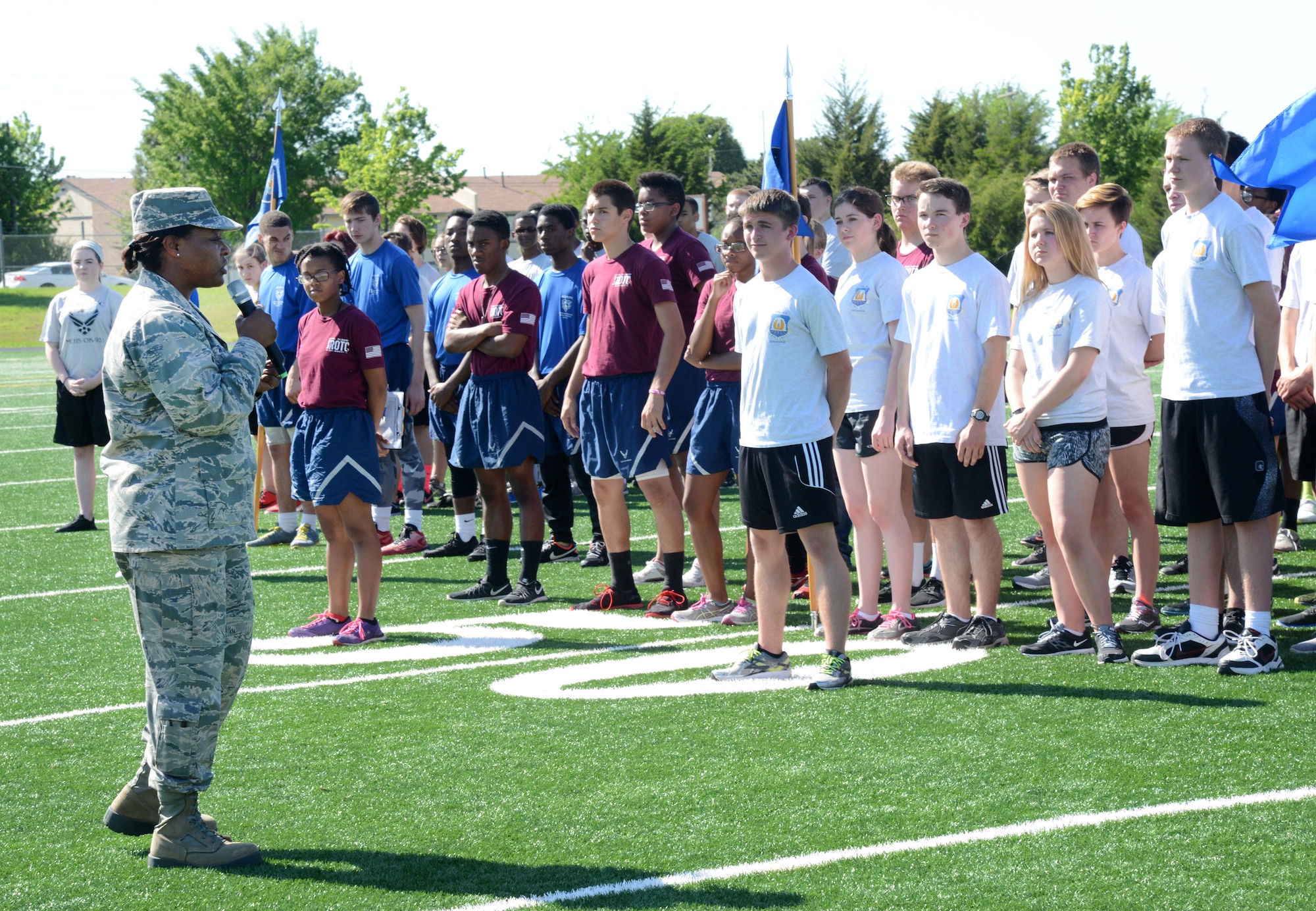 Col. Stephanie Wilson, 72nd Air Base Wing commander, speaks to cadets from six Air Force Junior Reserve Officer Training Corps units from the surrounding areas at the April 22 Tinker JROTC Community Outreach Event, hosted by the 349th Recruiting Squadron. Colonel Wilson encouraged the cadets to dream big. “The future is yours,” she said. “We’re cheering you on as the future of this nation.” The six participating JROTC units were from Carl Albert High School, Edmond North High School, Southeast High School, John Marshall High School, Midwest City High School and Choctaw High School. (Air Force photo by Kelly White/Released)