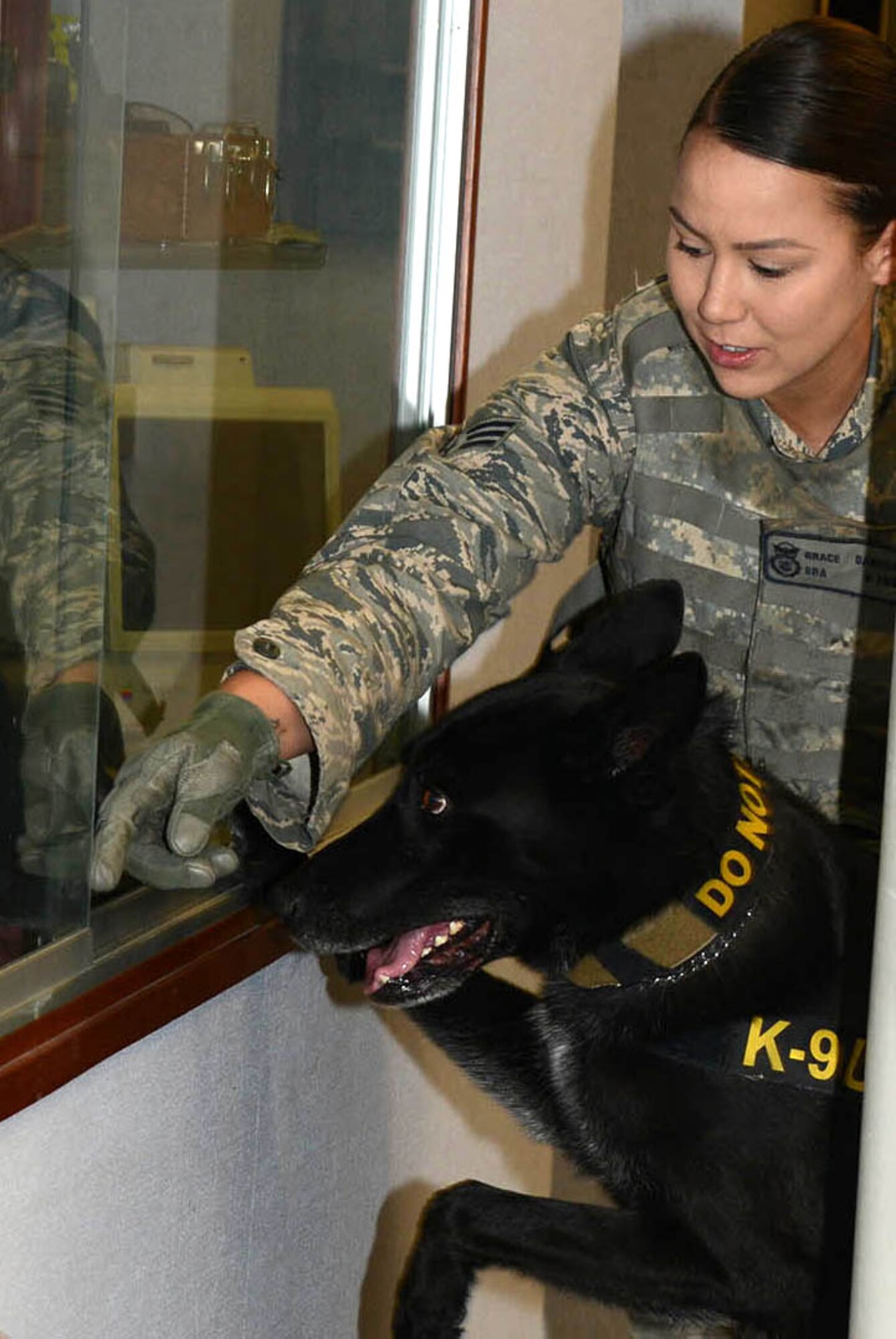 Senior Airman Grace Daniels, a dog handler with the 412th Security Forces squadron, runs Military Working Dog Rolf through his paces during a training sweep in building 1405 here Thursday. Rolf is a 7-year-old German shepherd, and the only remaining working dog on Edwards who has been deployed to Afghanistan.  (Photo by Christopher Ball.)