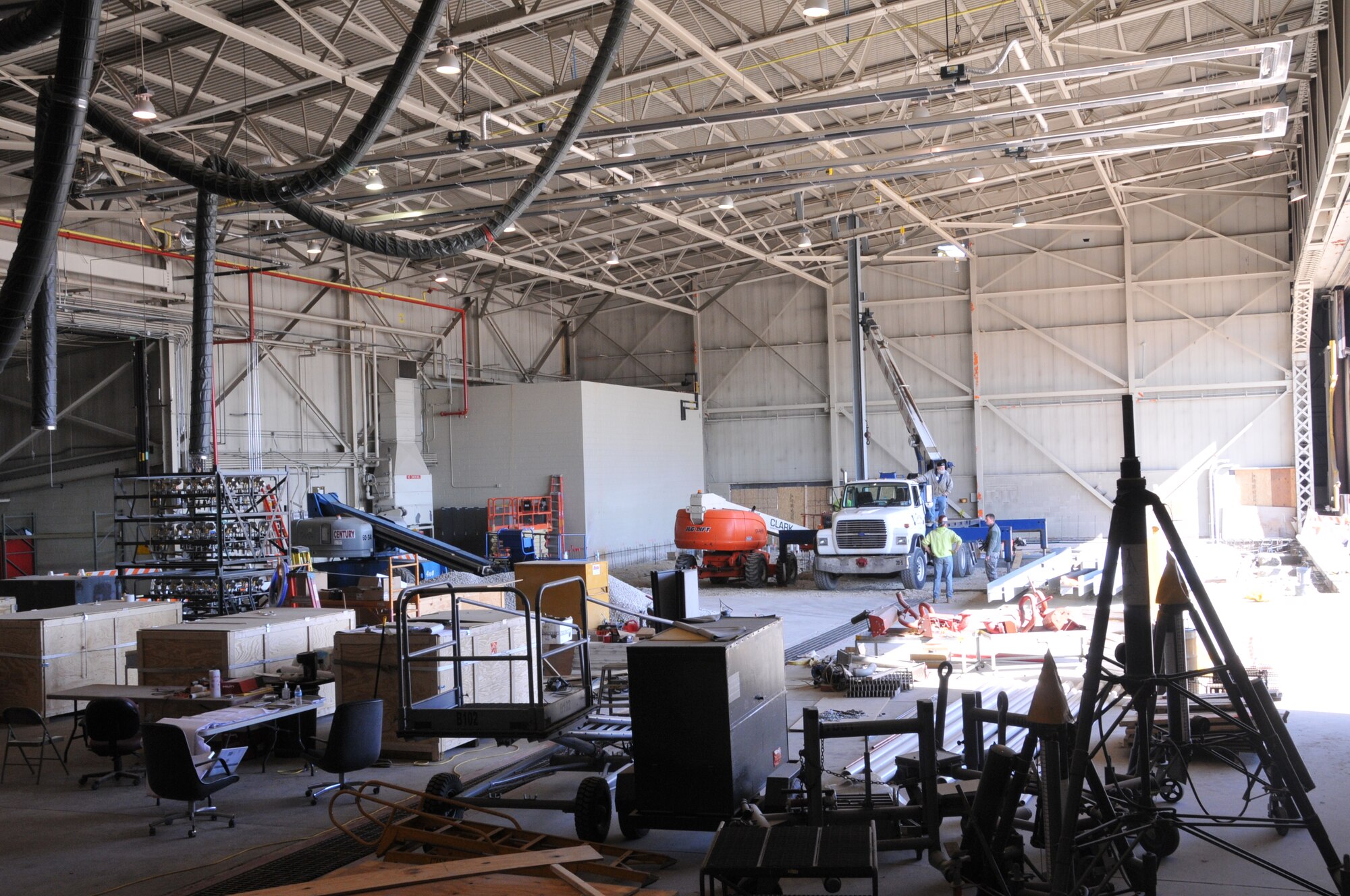 Aircraft Hangar 304 at the 171st Air Refueling Wing near Pittsburgh undergoes construction in preparation for the addition of a flight simulator April 15, 2016. (U.S. Air National Guard Photo by Staff Sgt. Ryan A. Conley)