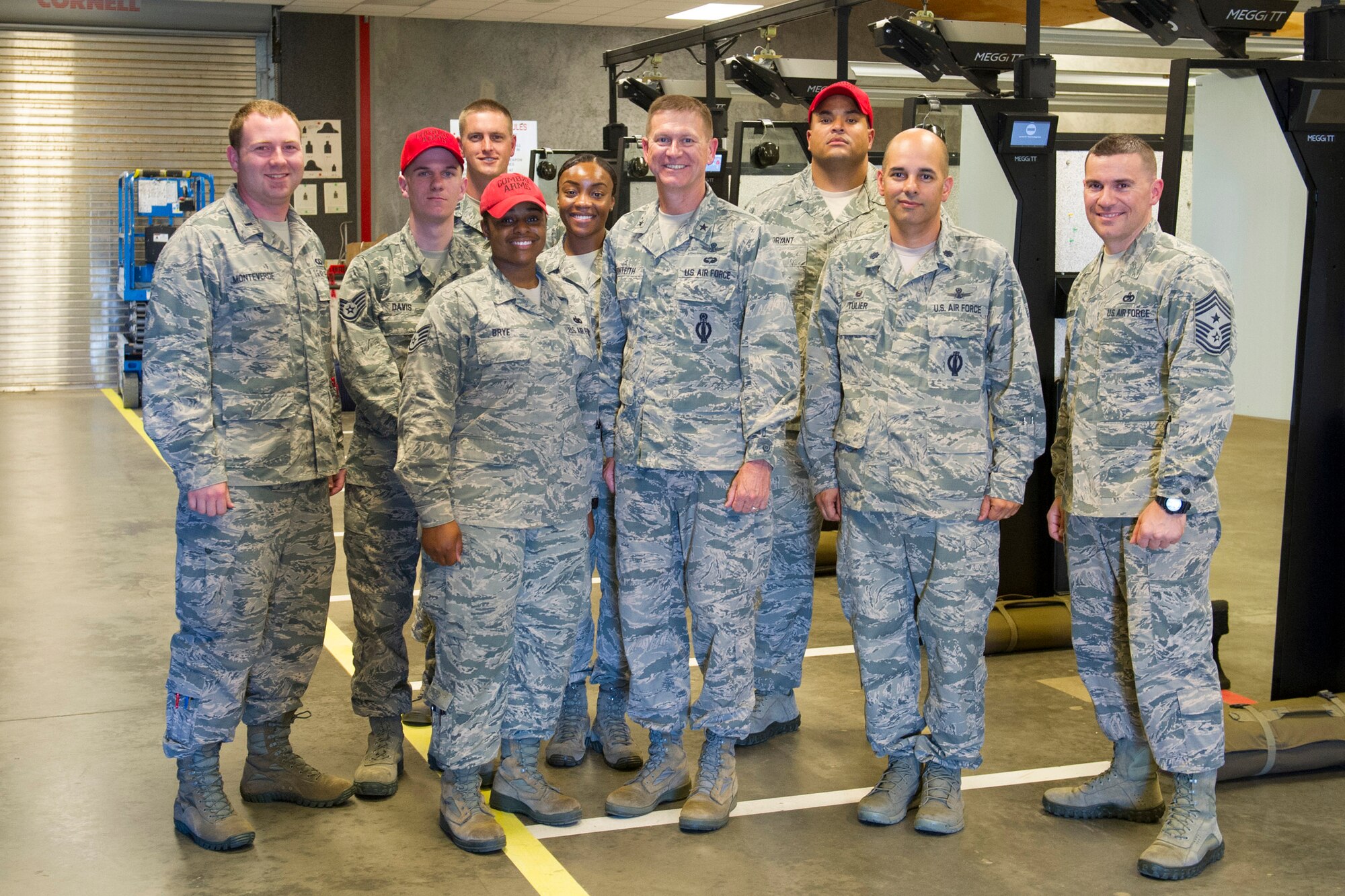Brig. Gen. Wayne Monteith, 45th Space Wing commander and Chief Master Sgt. Jason Lamoureux, 45th SW command chief, got certified on the M870 shotgun during a certification course at Combat Arms Training Maintenance April 28, 2016 at Patrick Air Force Base, Fla. (U.S. Air Force photo/Matthew Jurgens) (Released) 