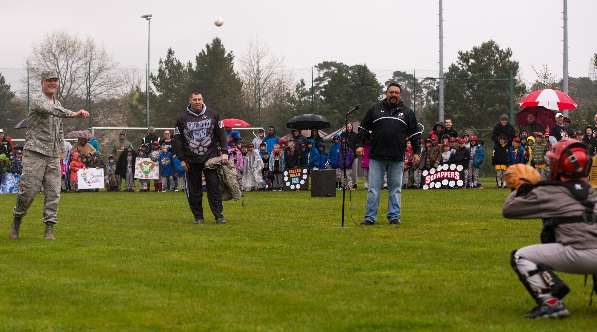 Brig. Gen. Jon T. Thomas, 86th Airlift Wing commander, throws the ceremonial first pitch for the Kaiserslautern Military Community’s baseball season April 23, 2016, at Ramstein Air Base, Germany. The event is a longstanding ritual of American baseball in which a guest of honor throws the first pitch to launch the new season. (U.S. Air force photo/Airman 1st Class Lane T. Plummer)