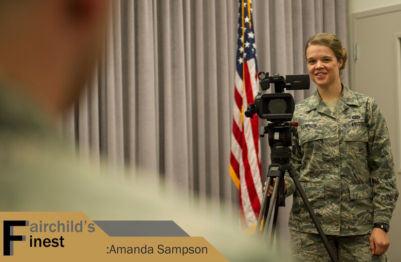 Senior Airman Amanda Sampson, 336th Training Support Squadron broadcast journalist, conducts a video interview April 29, 2016, at Fairchild Air Force Base, Wash. Sampson directly supports Survival, Evasion, Resistance and Escape training and education by putting together videos that add to the students’ learning experiences. Her leadership selected her as one of Fairchild’s Finest, a weekly recognition program that highlights top-performing Airmen. (U.S. Air Force photo/Airman 1st Class Sean Campbell)