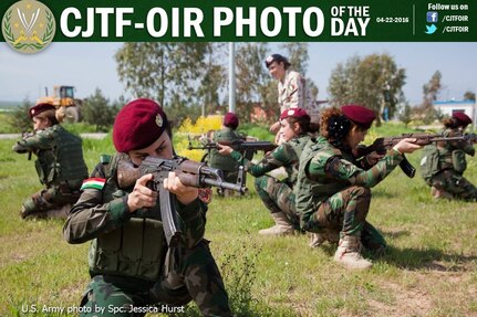 Female Zeravani soldiers kneel in a 360-degree formation during a tactical movement class under the supervision and instruction of Italian soldiers near Erbil, Iraq, April 3, 2016. Female Zeravani soldiers, who are a branch of the Peshmerga, attend a three-week basic infantry skills course intended to improve their tactical knowledge to aid in the fight against the Islamic State of Iraq and the Levant and allow Peshmerga to work in an environment where a female presence is needed. Erbil is one of four Combined Joint Task Force – Operation Inherent Resolve building partner capacity locations dedicated to training Iraqi Security Forces.