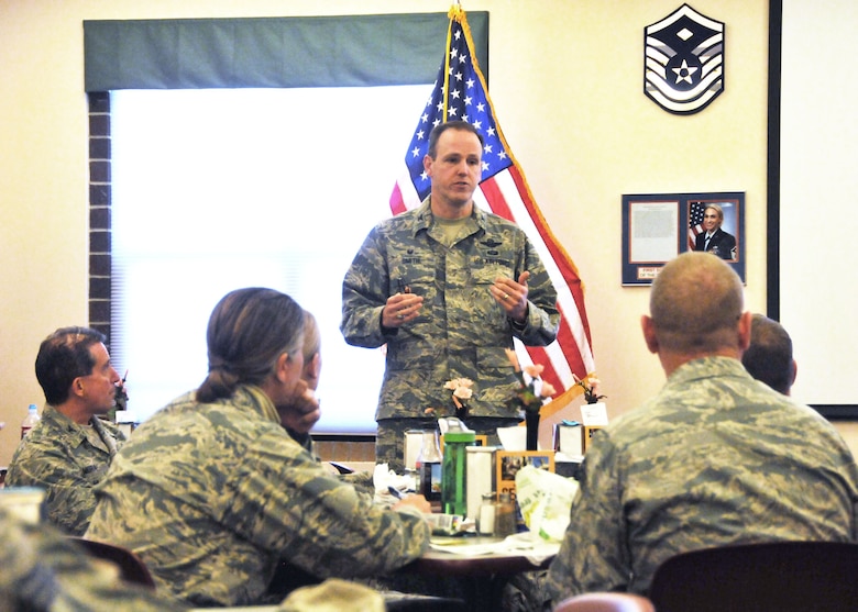 120th Airlift Wing Commander Col. Lee Smith discusses awards and decorations and continuing education during his second brown bag lunch seminar held at the 120th AW Dining Facility April 11, 2016. (U.S. Air National Guard photo by Senior Master Sgt. Eric Peterson)
