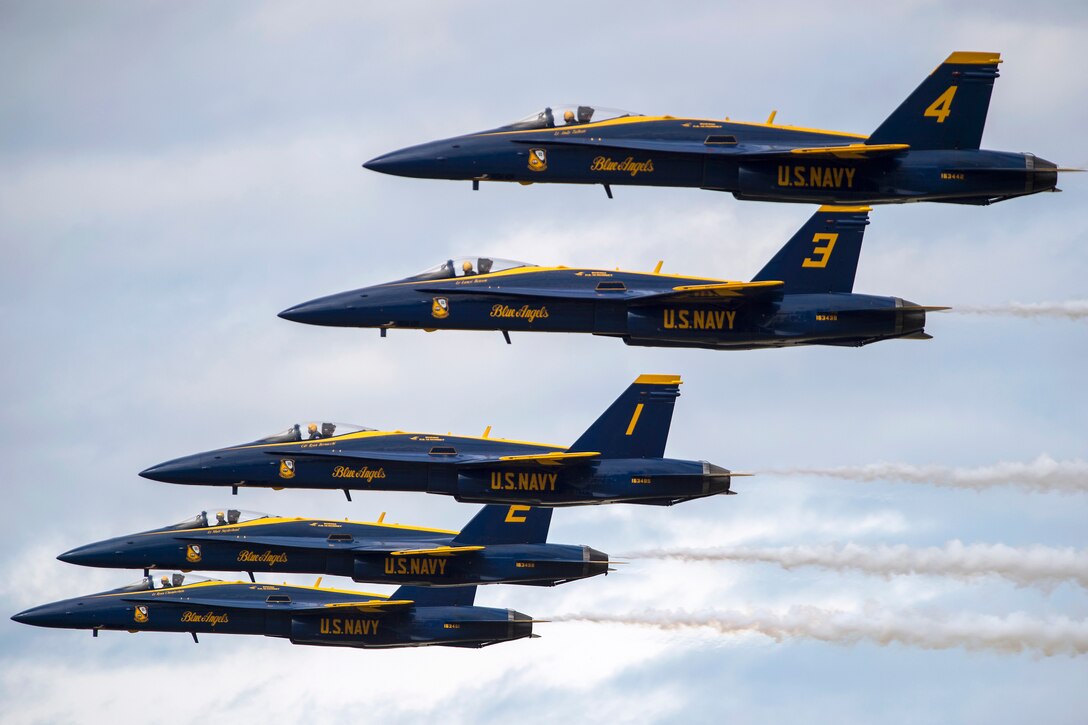 The U.S. Navy Blue Angels perform precision formation flying and aerobatics during the Arctic Thunder Special Needs and Family Day at Joint Base Elmendorf-Richardson, Alaska, July 30, 2016. Air Force photo by Senior Airman James Richardson