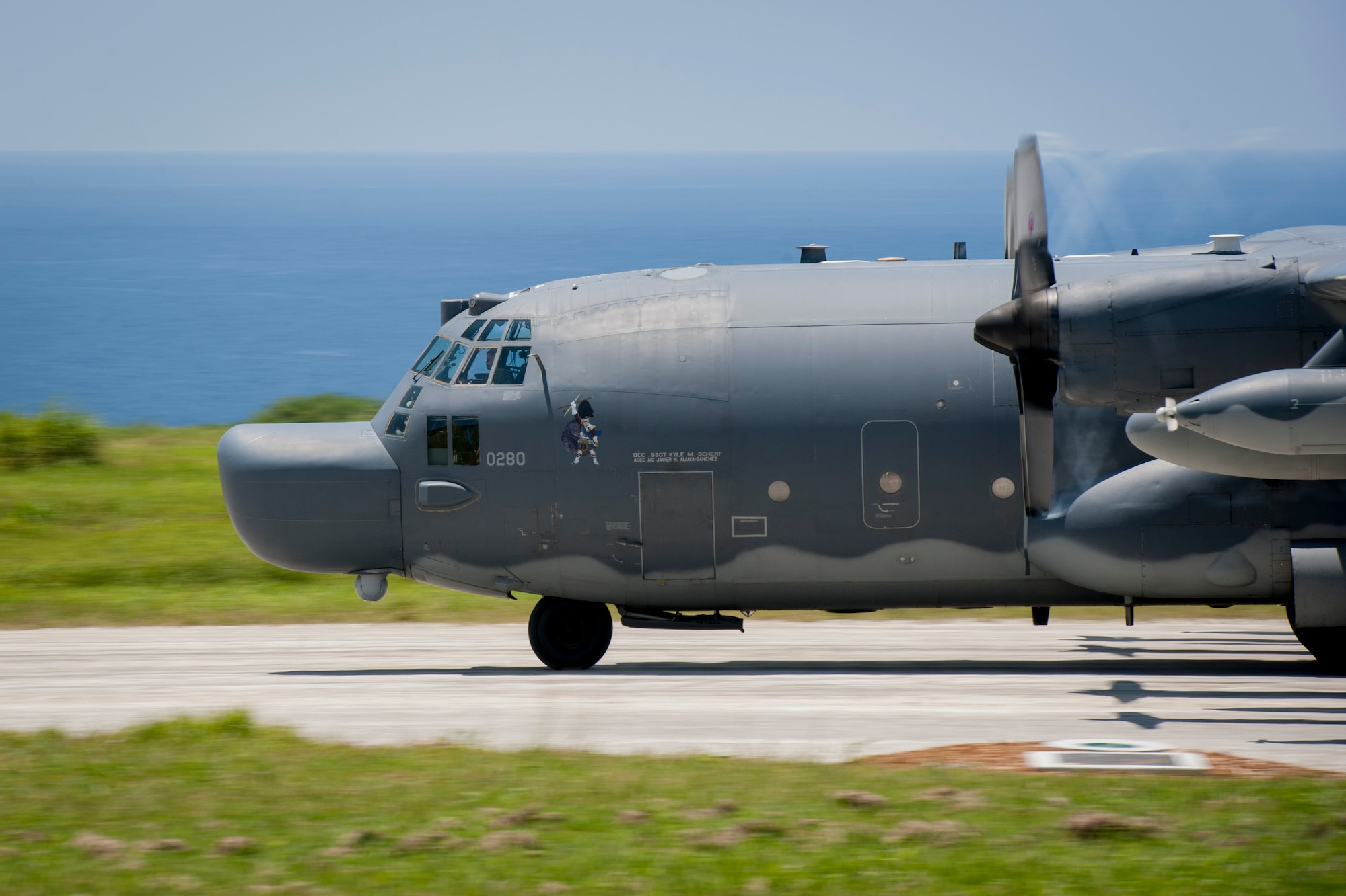 A U.S. Air Force MC-130H Combat Talon II assigned to the 17th Special Operations Squadron, Kadena Air Base, takes off during a long-range airfield seizure exercise July 20, 2016, at Iejima airfield, Japan. The 17th SOS aircrews conducted the exercise with U.S. Marine Corps Golf and Fox Companies, 2nd Battalion, 2nd Marine Regiment assigned to Camp Lejeune, N.C., and the Marine Medium Tiltrotor Squadron 265 assigned to Marine Corps Air Station Futenma. (U.S. Air Force Photo by Senior Airman Peter Reft) 
