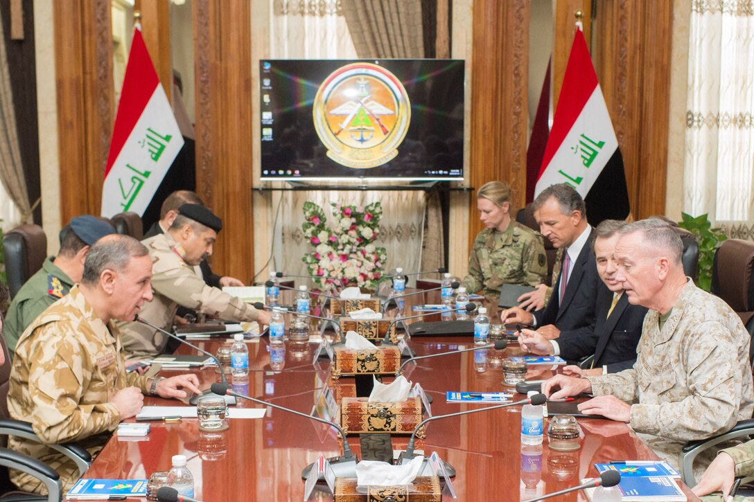 Marine Corps Gen. Joe Dunford, chairman of the Joint Chiefs of Staff, meets with Iraqi Defense Minister Khaled al-Obaidi in Baghdad, July 31, 2016. Dunford visited Iraq to assess the campaign against the Islamic State of Iraq and the Levant. DoD photo by Navy Petty Officer 2nd Class Dominique A. Pineiro)