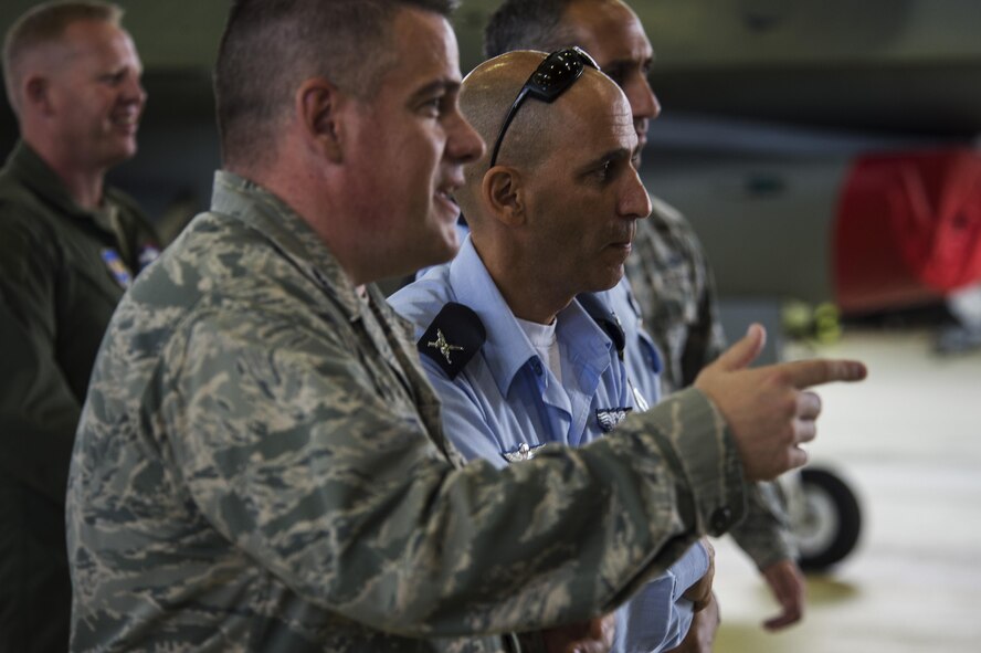 U.S. Air Force Col. Stephen Scherzer, 52nd Maintenance Group commander, talks with Brig. Gen. Tal Kelman, Israeli air force vice chief of staff, about the 52nd MXG capabilities during his visit at Spangdahlem Air Base, Germany, July 27, 2016. Kelman's is visiting the base while attending the Air Senior National Representative forum, which works on enhancing IAF and USAF cooperation. (U.S. Air Force photo by Staff Sgt. Jonathan Snyder)