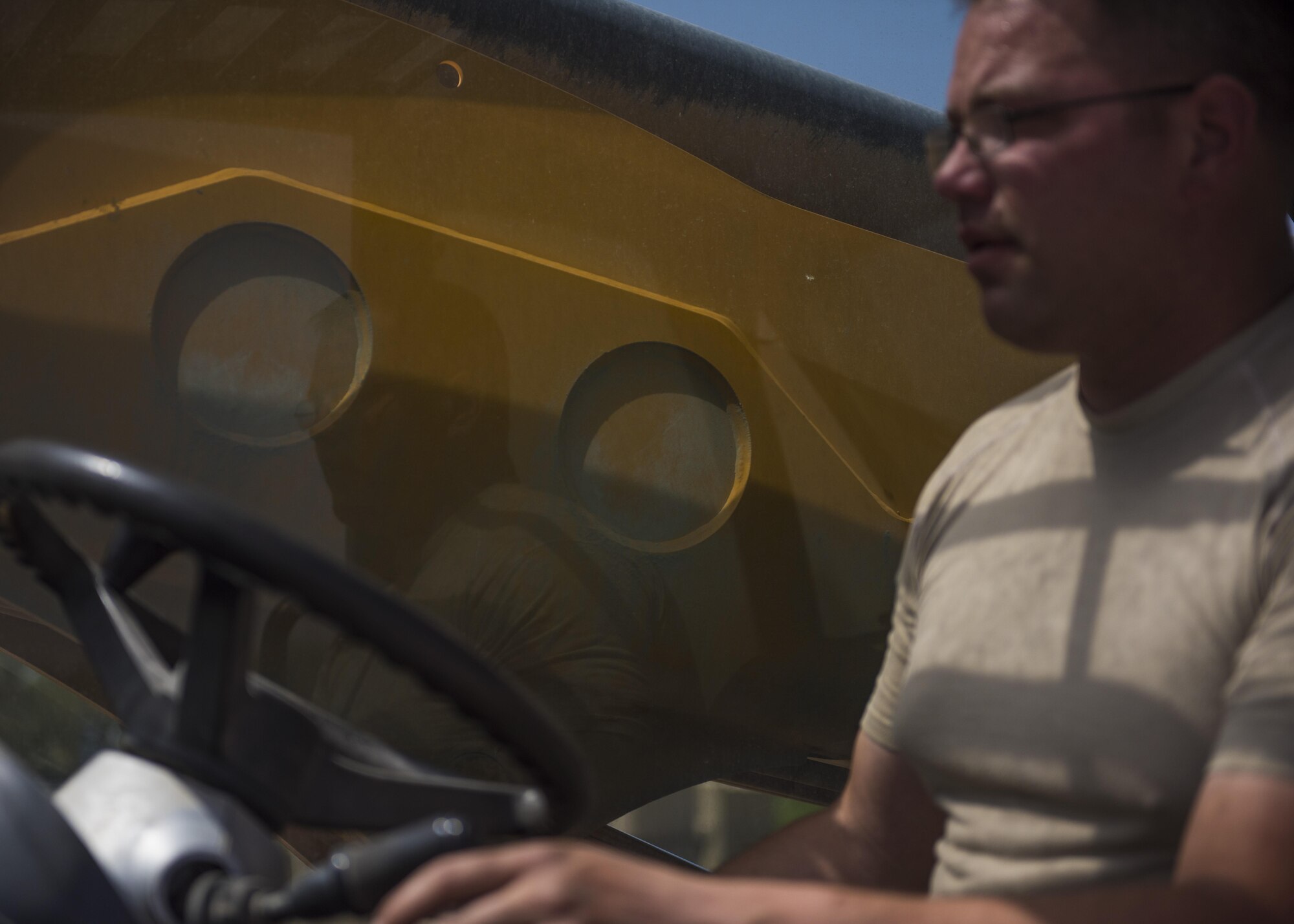 Tech. Sgt. Timothy Cook, 455th Expeditionary Security Forces Squadron, supply and logistics noncommissioned officer in charge, drives a forklift, Bagram Airfield, Afghanistan, Aug. 1, 2016. Supply and logistics use heavy machinery to transport equipment and supplies. (U.S. Air Force photo by Senior Airman Justyn M. Freeman)