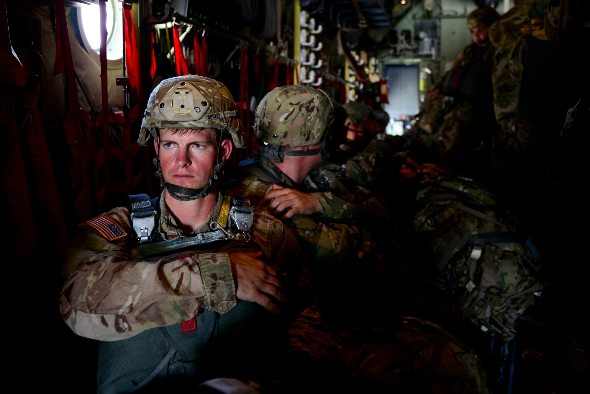 U.S. Army 173rd Airborne Brigade paratroopers wait for takeoff during sustained airborne training July 27, 2016 at Aviano Air Base, Italy. The 173rd Airborne Brigade from Vicenza, Italy, is the Army Contingency Response Force in Europe. They are capable of projecting forces to conduct a full range of military operations across the United States European, Central and Africa Command areas of responsibility. (U.S. Air Force photo by Senior Airman Krystal Ardrey/Released)