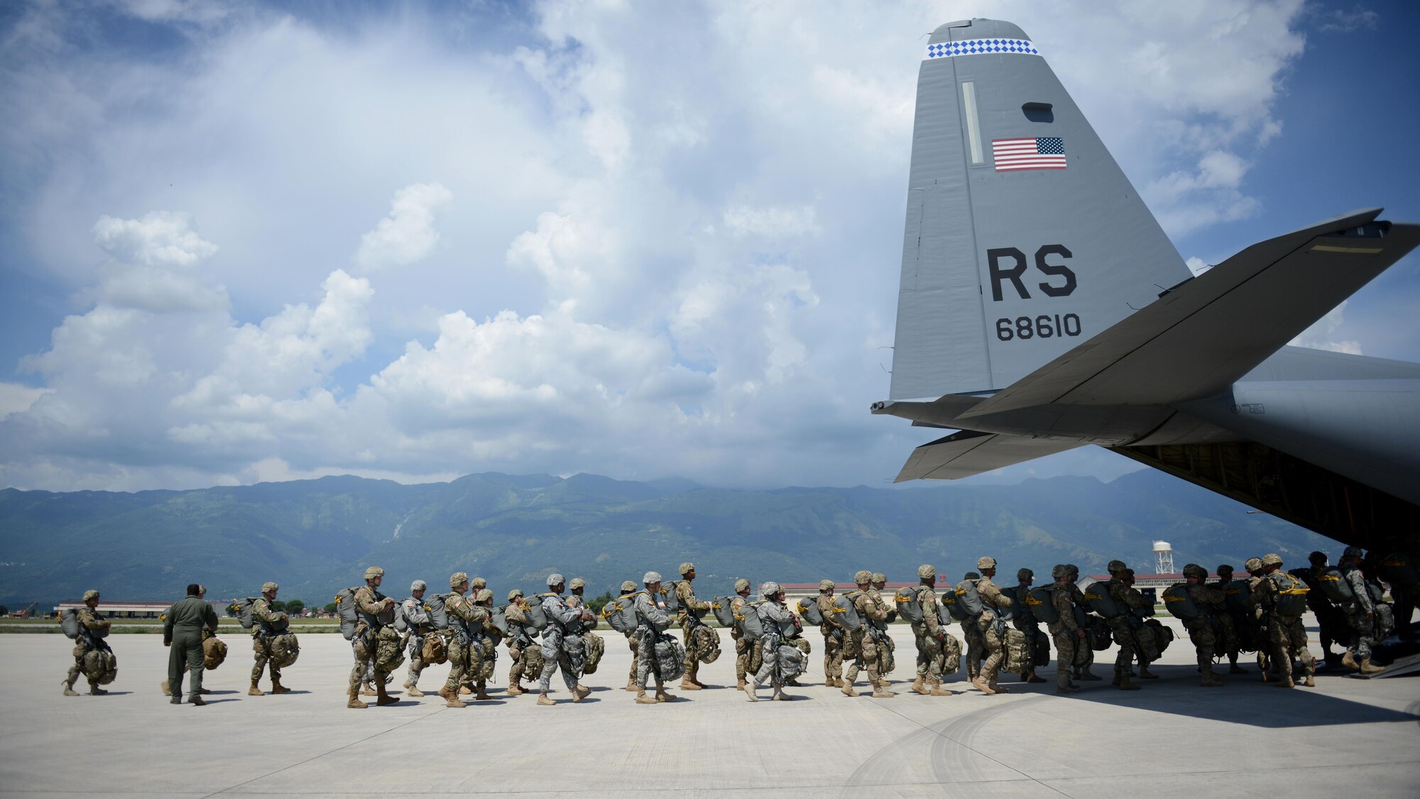 U.S. Army 173rd Airborne Brigade paratroopers load into a C-130 Hercules aircraft for airborne training operations July 27, 2016 at Aviano Air Base, Italy. The 173rd Airborne Brigade from Vicenza, Italy, is the Army Contingency Response Force in Europe. They are capable of projecting forces to conduct a full range of military operations across the United States European, Central and Africa Command areas of responsibility.  (U.S. Air Force photo by Tech. Sgt. Evelyn Chavez/Released)