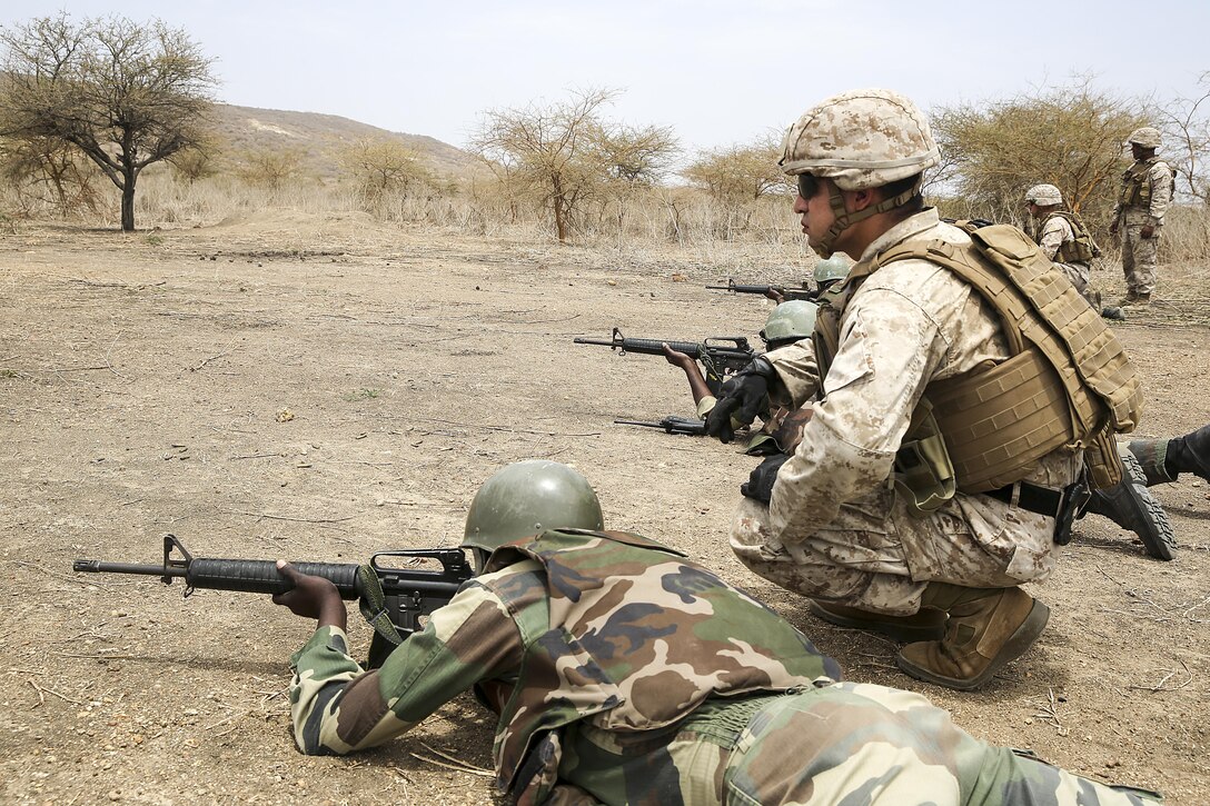 Sgt. Angelo Agudelo, a rifleman with Special Purpose Marine Air-Ground Task Force Crisis Response-Africa, observes a during the platoon attack range with the Compagnie Fusilier de Marin Commando in Thies, Senegal, July 22, 2016. Marines and the COFUMACO conducted a three-week training exercise that included advanced combat firing techniques, a machine gun range and a live-fire platoon attack range. (U.S. Marine Corps photo by 1st Lt. Eric Abrams /released)