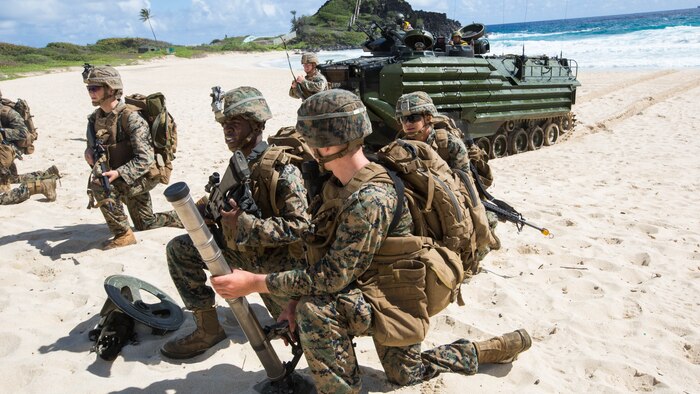 U.S. Marines with Company E, Battalion Landing Team 2nd Battalion, 3rd Marine Regiment, assault a beach during Rim of the Pacific 2016.  The assault was launched from USS San Diego and commanded by III Marine Expeditionary Force units aboard USS America. Twenty-six nations, more than 40 ships and submarines, more than 200 aircraft and 25,000 personnel are participating in RIMPAC from June 30 to Aug. 4, in and around the Hawaiian Islands and Southern California. 