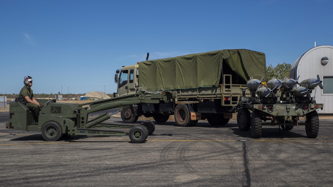 Lance Cpl. Trevor Serenelli, an aviation ordnance technician with Marine Fighter Attack Squadron 122, unloads high explosive ordnance during exercise Southern Frontier  at Royal Australian Air Force Base Tindal, Australia, July 28, 2016. Southern Frontier is three weeks of unit level training helping the squadron gain experience and qualifications in low altitude, air-ground, high explosive ordnance delivery at the unit level. VMFA-122 is home based out of Marine Corps Air Station Beaufort, South Carolina and are currently assigned to MAG-12 at MCAS Iwakuni under the Unit Deployment Program.  Australia is the last stop on the squadron’s deployment before heading back home. 