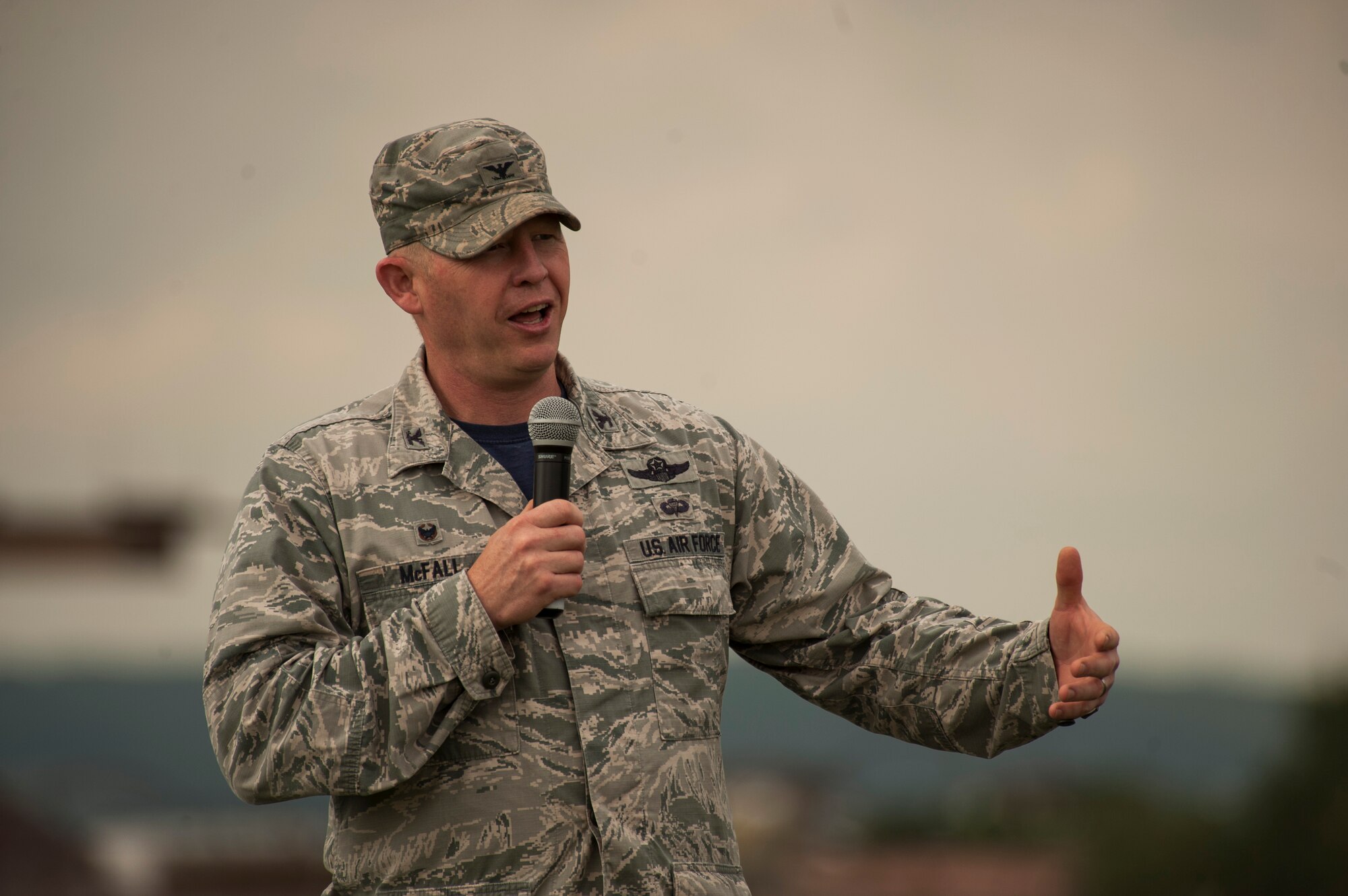 U.S. Air Force Col. Joseph McFall, 52nd Fighter Wing commander, speaks at the opening ceremony of Relay For Life at Spangdahlem Air Base, Germany, July 29, 2016. Airmen and their families raised more than $12,000 for the American Cancer Society during this 24-hour relay event. (U.S. Air Force photo by Staff Sgt. Jonathan Snyder/Released)
