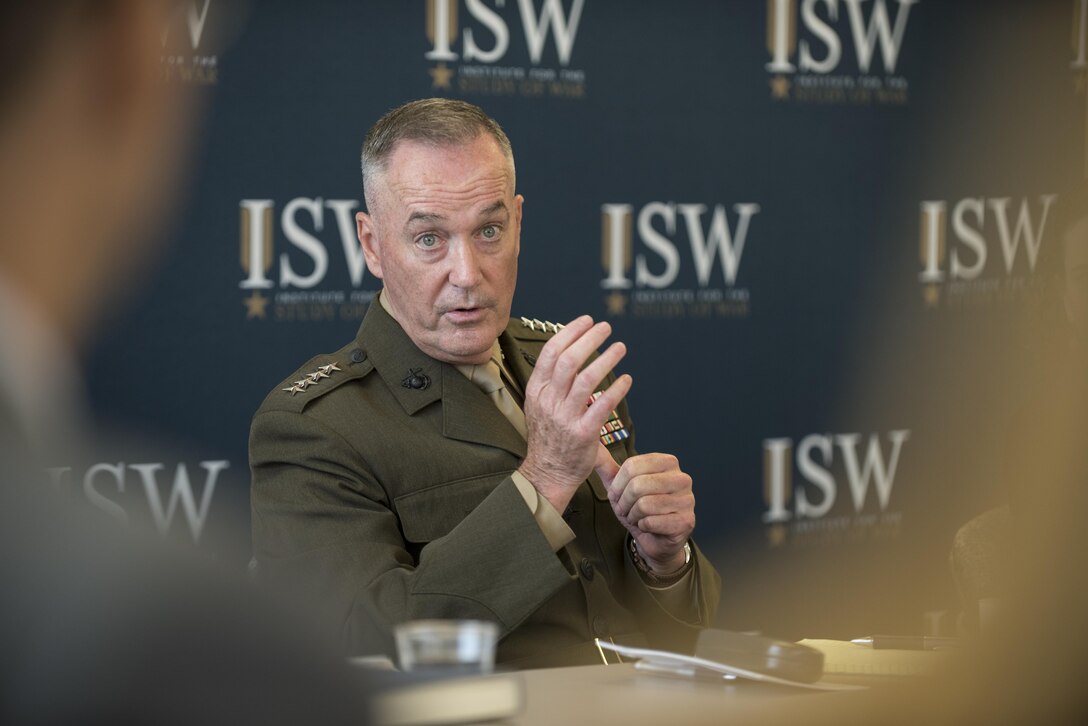 Marine Corps Gen. Joe Dunford, chairman of the Joint Chiefs of Staff, speaks to students of the Institute for the Study of War's Hertog War Studies Program in Washington, July 28, 2016. The program aims to educate advanced undergraduate students about the theory, practice, organization and control of war and military forces. One aspect of the profession of arms in the United States is an apolitical, nonpartisan military, the general said. DoD photo by Army Sgt. James K. McCann