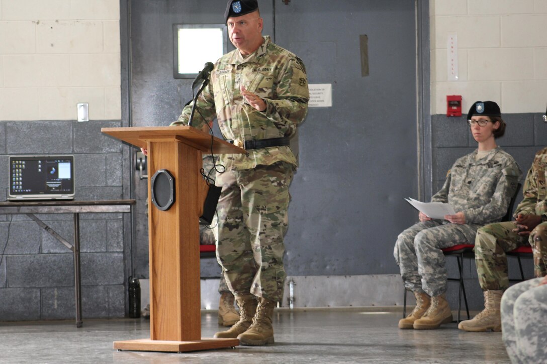 Army Reserve Brig. Gen. Vincent B. Barker, commanding general of the 310th Sustainment Command (Expeditionary), addresses and the Soldiers of the 38th Regional Support Group during their change of command ceremony, July 16, at the United States Army Reserve Center, Cross Lanes, West Va.  (Official U.S. Army Photo by Sgt. Sofenial Ford, 38th Regional Support Group)