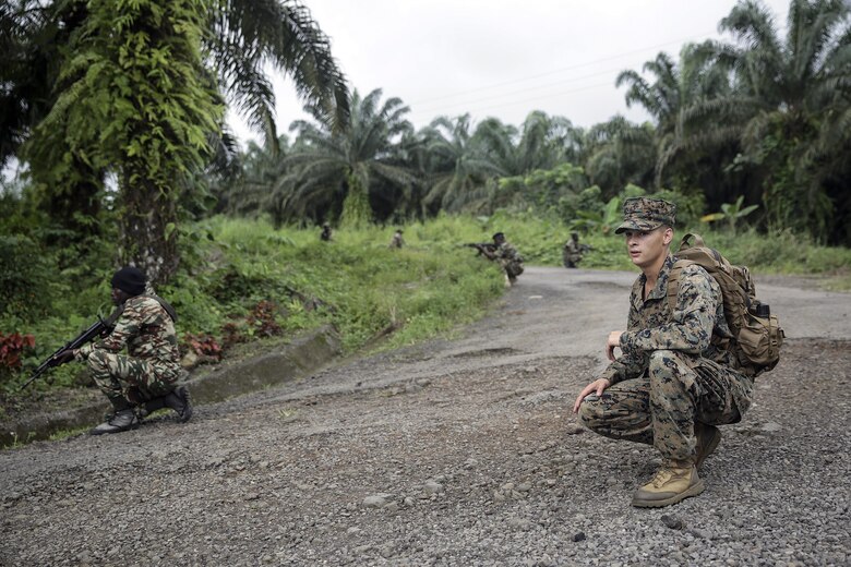 Cpl. Mitchell York, a rifleman with Special Purpose Marine Air-Ground Task Force Crisis Response-Africa, crouches down with a fire team comprised of eight Cameroonian soldiers with Forces Fusiliers Marins et Palmeurs de Combat, during a patrolling exercise in Limbé, Cameroon, June 28, 2016.  Marines share tactics, techniques and skills with the FORFUMAPCO soldiers to combat the illicit trafficking in Cameroon.  (U.S. Marine Corps photo by Cpl. Alexander Mitchell/released)