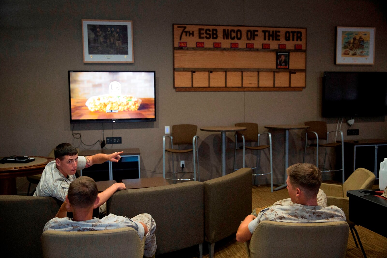 U.S. Marines from 7th Engineer Support Battalion, 1st Marine Logistics Group, unwind in Chapultepec’s Lounge, in their barracks building aboard Camp Pendleton, Calif., July 29, 2016. The lounge was built to give non-commissioned officers a place to relax and share experiences. (U.S. Marines Corps photo by Lance Cpl. Kyle McNan/released)