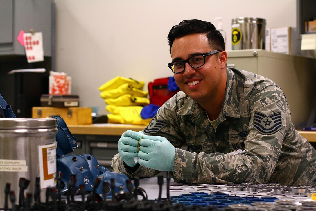 Tech. Sgt. Diego Cancino, 445th Operations Support Squadron aircrew flight equipment quality assurance craftsman, is the 445th Airlift Wing August 2016 Spotlight Performer. (U.S. Air Force photo/Tech. Sgt. Patrick O'Reilly)