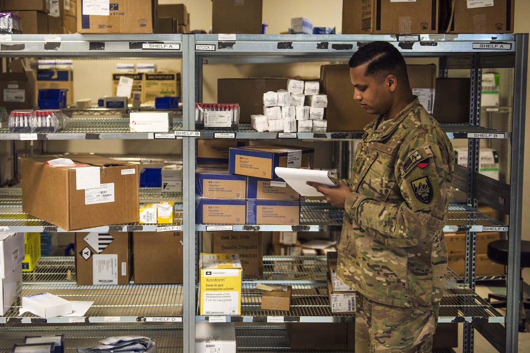 Air Force Senior Airman Zachary Stoltenberg takes inventory of medical supplies at Bagram Airfield, Afghanistan, July 23, 2016.  Zachary is a logistics technician assigned to the 455th Expeditionary Medical Group. Air Force photo by Senior Airman Justyn M. Freeman