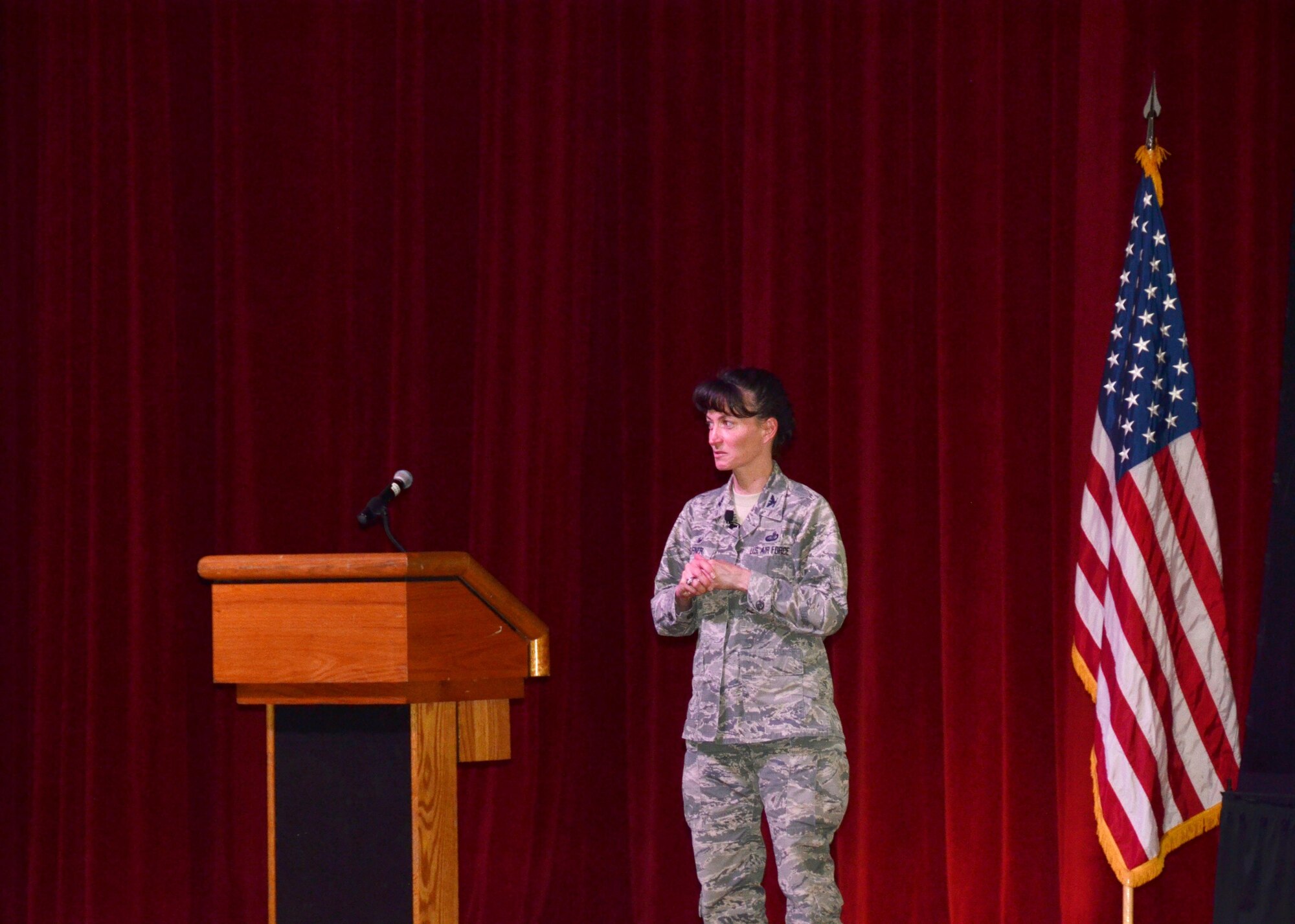 Col. Donna Turner, the new Air Force Services Activity commander, holds her first commander's call with members of the unit July 14 on Joint Base San Antonio-Lackland, Texas. (U.S. Air Force photo/Steve Warns)