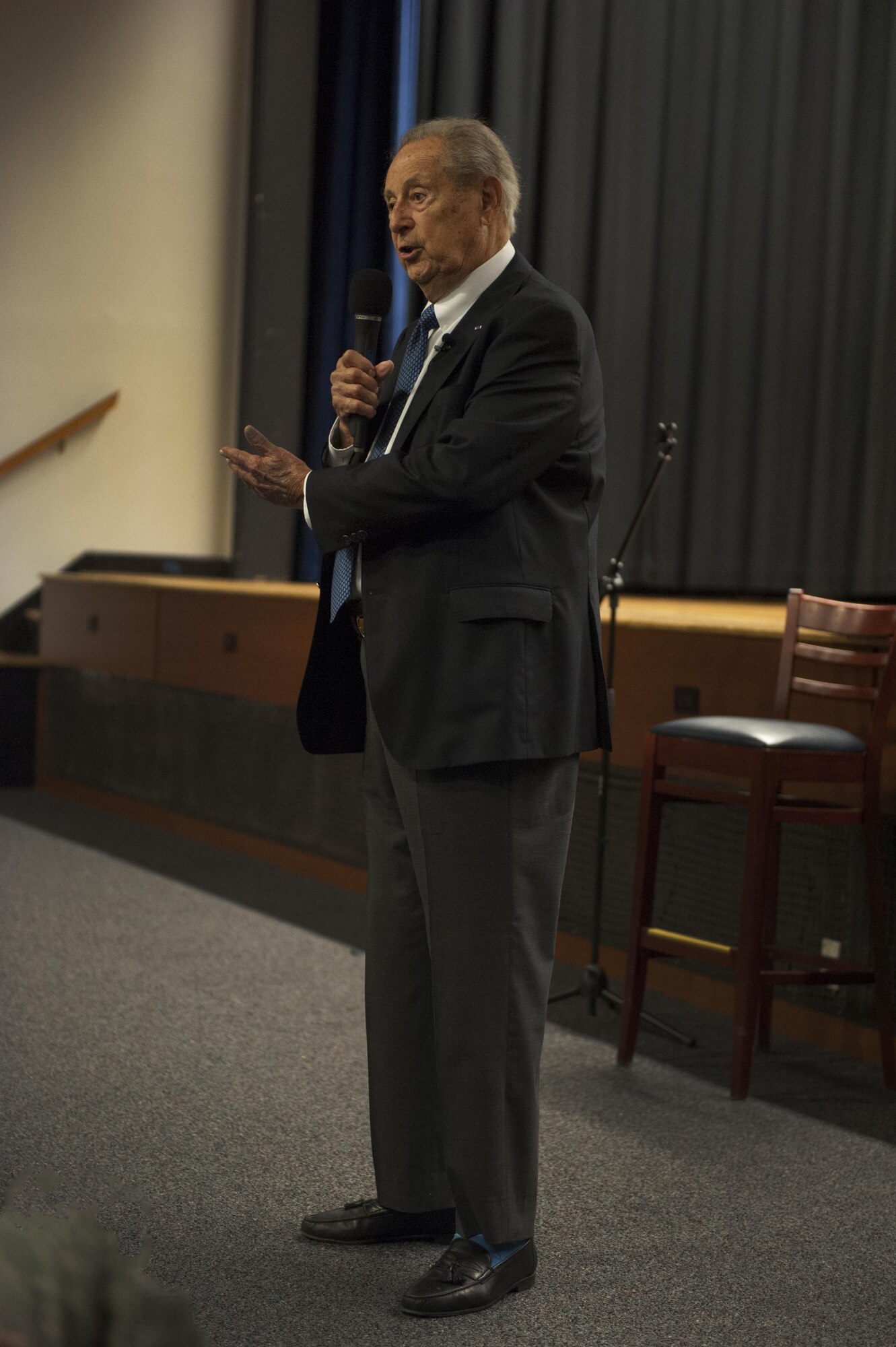 Sol Goldstein, a 93-year-old World War II veteran, tells his story at a professional development seminar at the McGuire Theater on Joint Base McGuire-Dix-Lakehurst, N.J., July 26, 2016. Goldstein fought the Nazis across Europe during World War II and was among the first to liberate the Buchenwald concentration camp.
