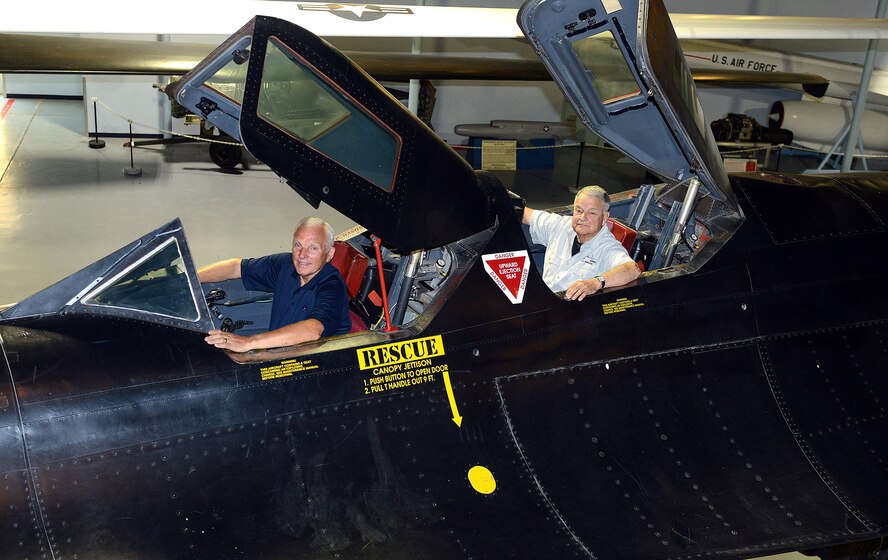 Maj. Gen. Eldon “Al” Joersz, retired Air Force pilot (left), and Lt. Col. George “GT” Morgan, retired Air Force reconnaissance systems officer, sit inside the cockpit of the SR-71 aircraft they flew when setting the world absolute speed record for jet-powered aircraft on July 28, 1976. The two were at the Museum of Aviation in Warner Robins, Georgia, for the 40th anniversary of the historic flight. (U.S. Air Force photo/Tommie Horton)