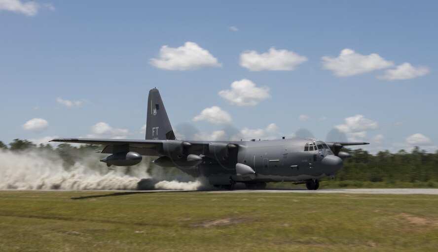 An HC-130J Combat King II from the 71st Rescue Squadron lands on the Bemiss Field unimproved landing zone, July 29, 2016, at Grand Bay Bombing and Gunnery Range, Ga. This flight marked the first time an HC-130J landed at the ULZ on Bemiss Field, which was previously used for airdrops and helicopter landings. The landing validated the pilot’s training for future operations in austere locations and met requirements for training that cannot be accomplished on paved runways or assault strips. (U.S. Air Force photo by Tech. Sgt. Zachary Wolf)
