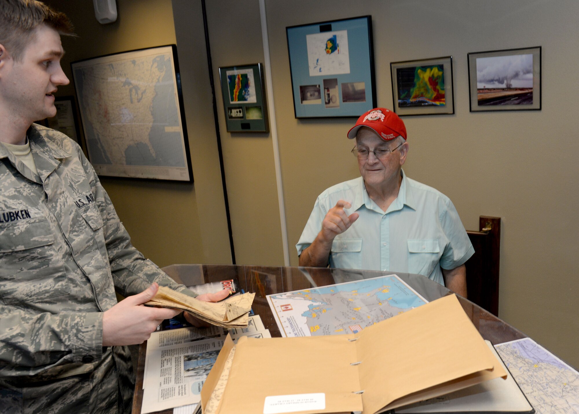 U.S. Air Force Senior Airman Travis Manning, 97th Operations Support Squadron air traffic controller, demonstrates the operation of an air traffic control simulator to Jim and Sandy Bush, July 19, 2016 at Altus Air Force Base, Okla. The Bush’s toured the base they served at 49 years ago. Jim was an aircraft dispatcher and Sandy worked in the finance office. (U.S. Air Force photo by Senior Airman Nathan Clark/Released)