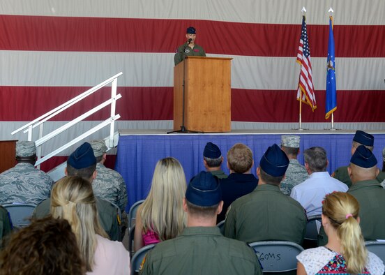 Lt. Col. Matthew Vedder, 63rd Fighter Squadron commander, speaks to thunderbolts after assuming command of the 63rd Fighter Squadron Aug. 1, 2016 at Luke Air Force Base, Ariz.  The 63rd FS is scheduled to begin accepting F-35 Lightning II jets in March 2017 and will be joined by partner nation Turkey. (U.S. Air Force photo by Senior Airman Devante Williams)