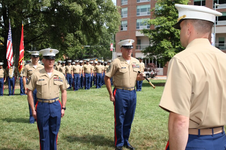 Sgt. Maj. Jim E. Lanham relinquished his post at Marine Corps Recruiting Station Raleigh to Sgt. Maj. Jonathan W. Clark during a relief and appointment ceremony June 30 at the North Carolina State University Memorial Bell Tower. Lanham is to report to Okinawa, Japan, as the 31st Marine Expeditionary Unit sergeant major. (U.S. Marine Corps photo by Sgt. Antonio J. Rubio/Released)