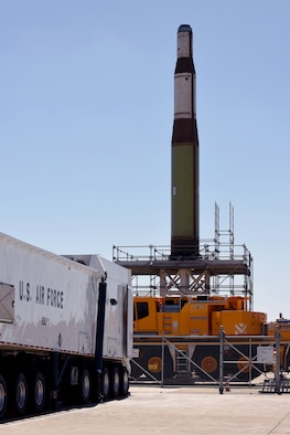 An inert Minuteman II Intercontinental Ballistic Missile stands erect on Test Pad 01, during a training operation, July 22, 2016, Vandenberg Air Force Base, Calif. Also known as Pathfinder operations, the regularly occurring exercise is designed to determine the operational capabilities involved in Intercontinental Ballistic Missile launches, while agencies from a multitude of regions and backgrounds work in cohesion. (U.S. Air Force photo by Staff Sgt. Shane Phipps/Released)