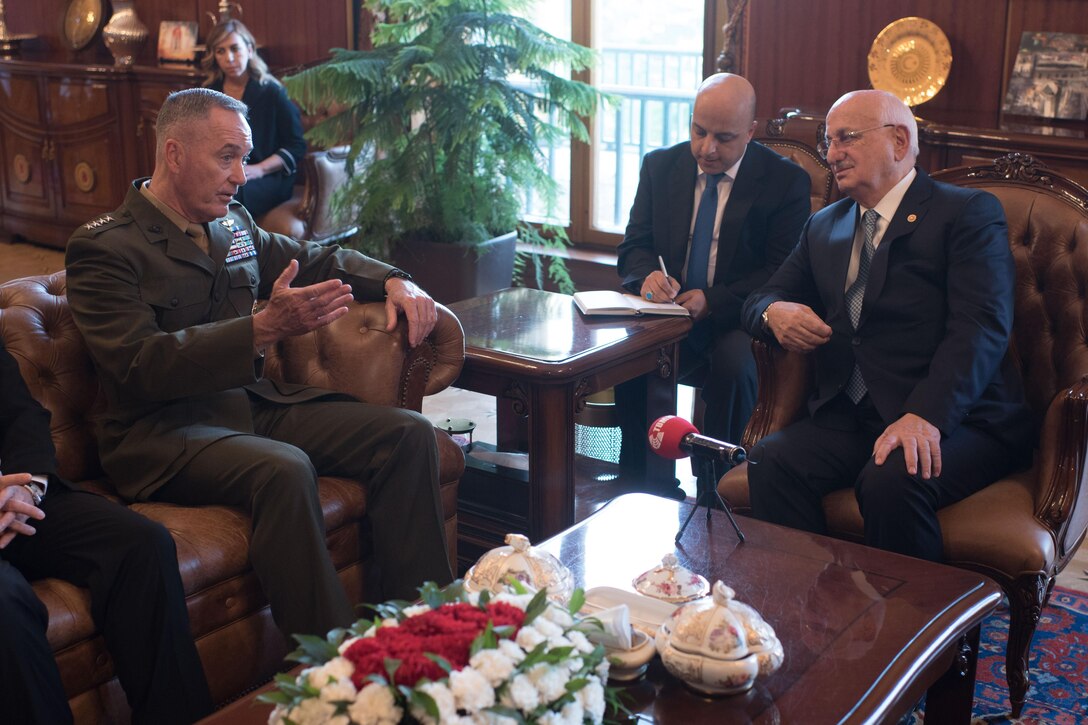 Marine Corps Gen. Joe Dunford, chairman of the Joint Chiefs of Staff, meets with Ismail Kahraman, speaker of the Turkish Grand National Assembly, in Ankara, Turkey, Aug. 1, 2016. DoD photo by Navy Petty Officer 2nd Class Dominique A. Pineiro