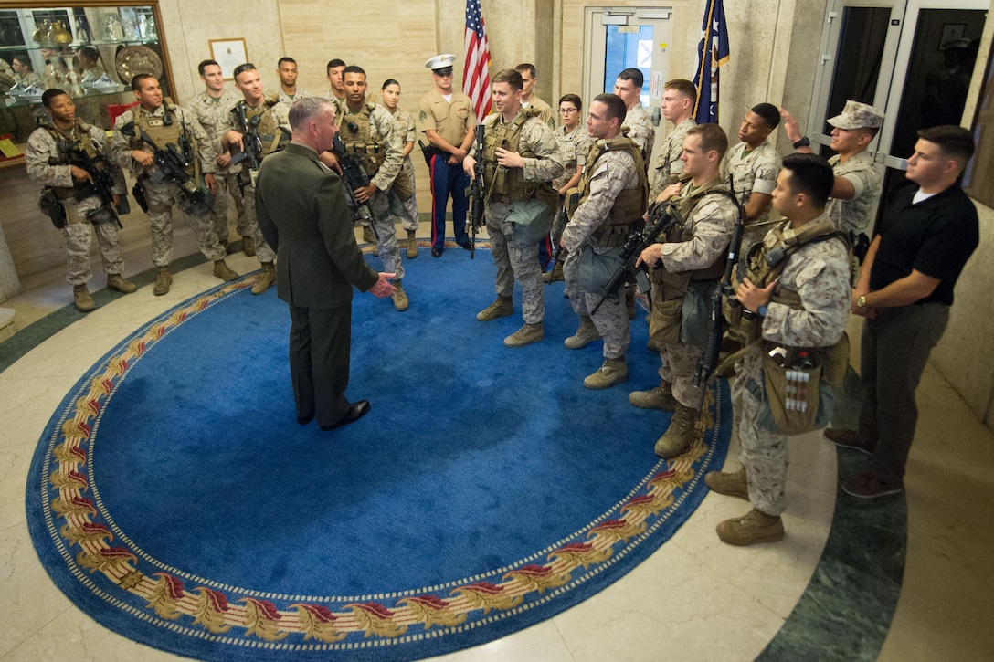 Marine Corps Gen. Joe Dunford, chairman of the Joint Chiefs of Staff, meets with Marines assigned to the Marine Corps Embassy Security Group at the U.S. Embassy in Ankara, Turkey, Aug. 1, 2016. DoD photo by Navy Petty Officer 2nd Class Dominique A. Pineiro