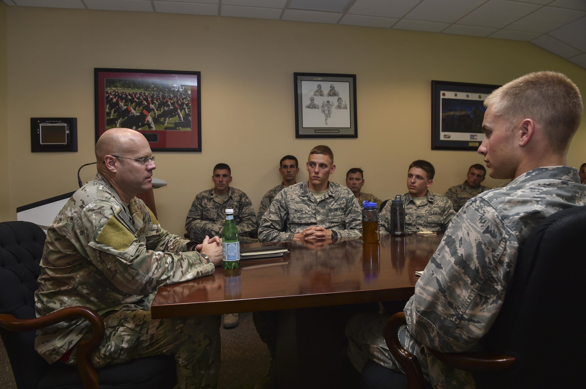Col. Michael Martin, commander of the 24th Special Operations Wing, talks with ROTC cadets during a Special Tactics orientation course at Hurlburt Field, Fla., July 29, 2016. Run twice a summer by the 24th Special Operations Wing, 48 cadets spent a week learning what it takes to become a Special Tactics officer. (U.S. Air Force photo by Senior Airman Ryan Conroy)