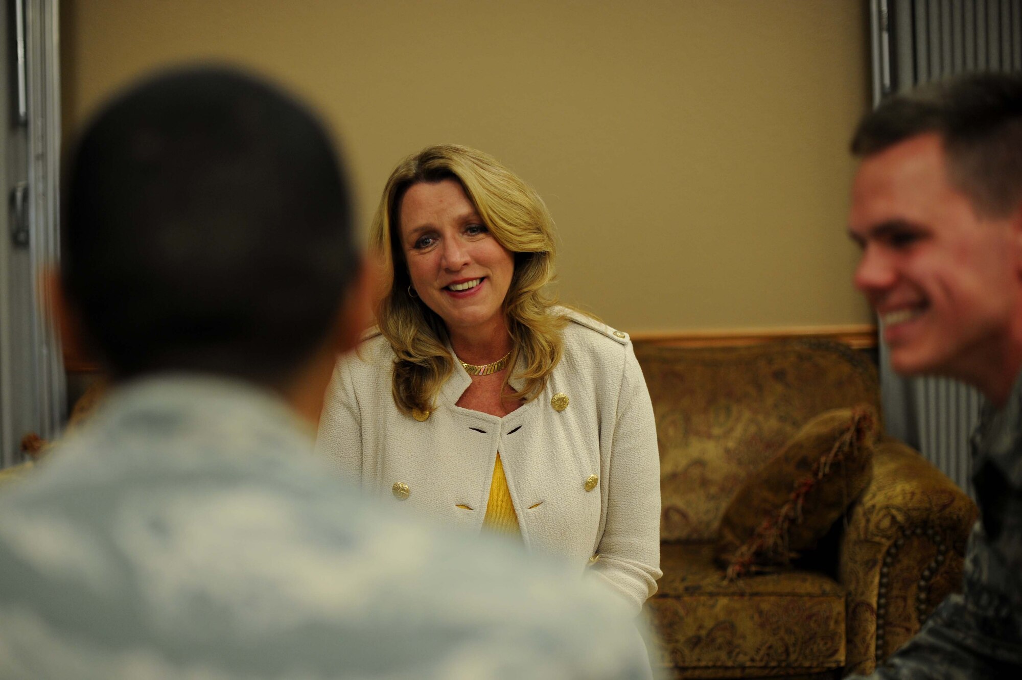 Secretary of the Air Force Deborah Lee James speaks with Airmen, July 29, 2016, at McConnell Air Force Base, Kan. During her visit to the base, James interacted with Airmen in several different ways, one of which was her first speed mentoring session, where she had two-way conversations with small groups of Airmen. (U.S. Air Force photo/Airman 1st Class Jenna K. Caldwell)