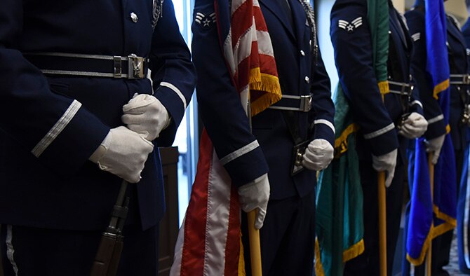The Fairchild Air Force Base Honor Guard presented the colors during the Senior NCO Recognition Ceremony at the Red Morgan Center July 29. The Senior NCO Recognition Ceremony is held annually to recognize those technical sergeants selected for promotion into the senior NCO tier. (U.S. Air Force photo/Airman 1st Class Mackenzie Richardson)