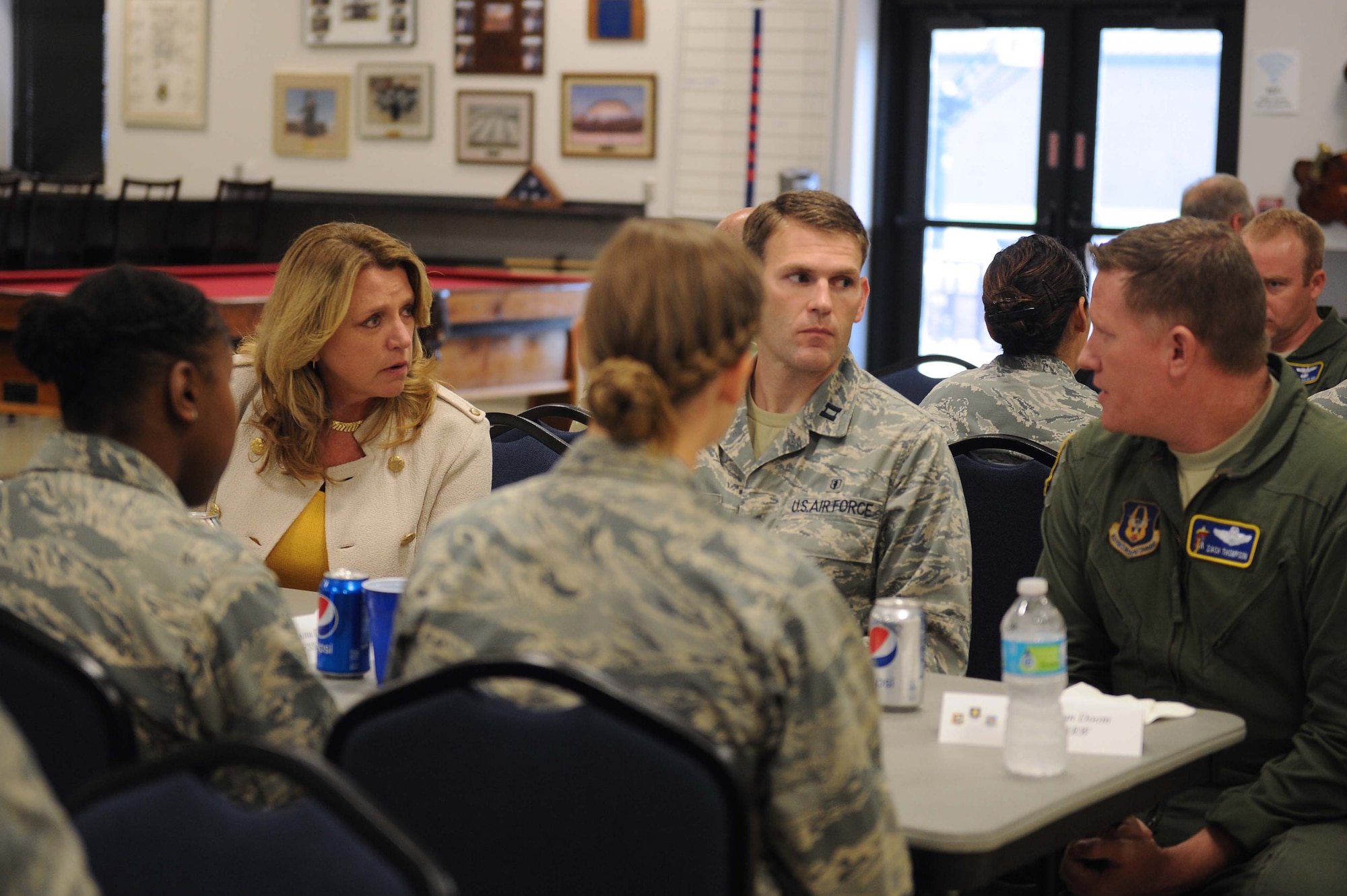 Secretary of the Air Force Deborah Lee James has lunch with Airmen, July 29, 2016, at McConnell Air Force Base, Kan. The lunch was one of several events in which James interacted with Airmen while at McConnell. (U.S. Air Force photo/Senior Airman Tara Fadenrecht)