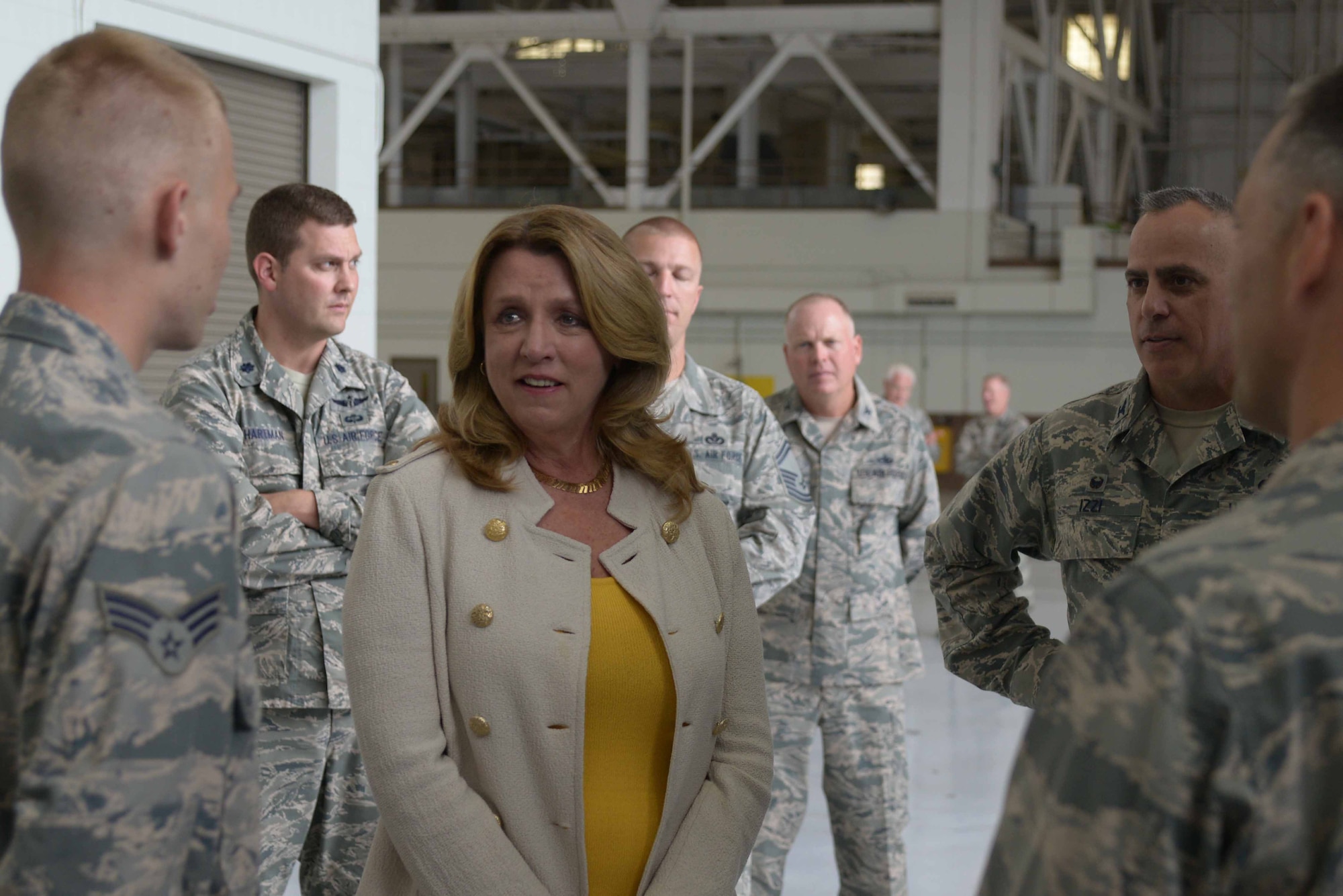 Secretary of the Air Force Deborah Lee James speaks with Airmen, July 29, 2016, at McConnell Air Force Base, Kan. A meet and greet with maintenance personnel was one of James’ first stops during her visit to McConnell. (U.S. Air Force photo/Airman 1st Class Christopher Thornbury)