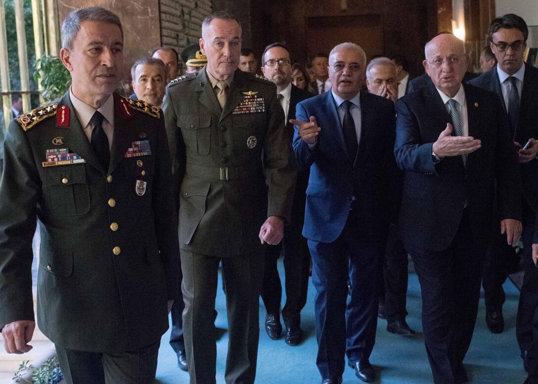 Marine Corps Gen. Joe Dunford, chairman of the Joint Chiefs of Staff, attends a meeting with Ismail Kahraman, speaker of the Turkish Grand National Assembly, in Ankara, Turkey, Aug. 1, 2016. DoD photo by Navy Petty Officer 2nd Class Dominique A. Pineiro