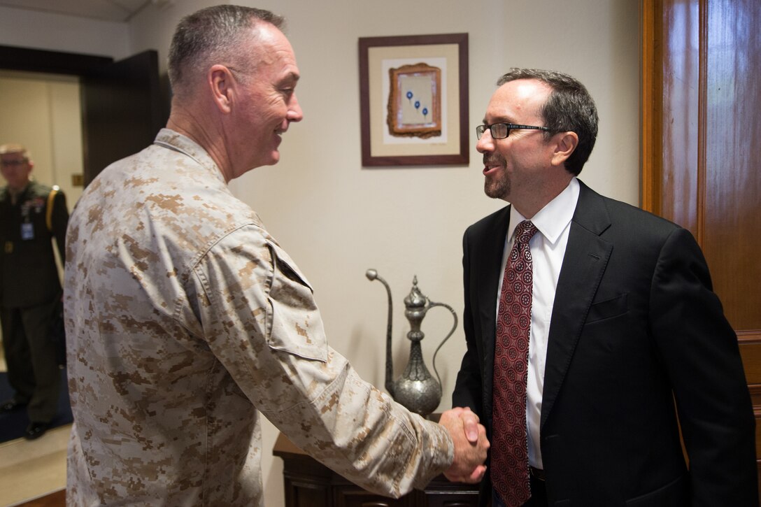 Marine Corps Gen. Joe Dunford, chairman of the Joint Chiefs of Staff, meets with U.S. Ambassador to Turkey John R. Bass at the U.S. Embassy in Ankara, Turkey, Aug. 1, 2016. During his visit to Ankara, Dunford delivered messages strongly condemning the failed July 15 coup attempt and reaffirming the importance of the U.S.-Turkey security partnership. DoD photo by Navy Petty Officer 2nd Class Dominique A. Pineiro