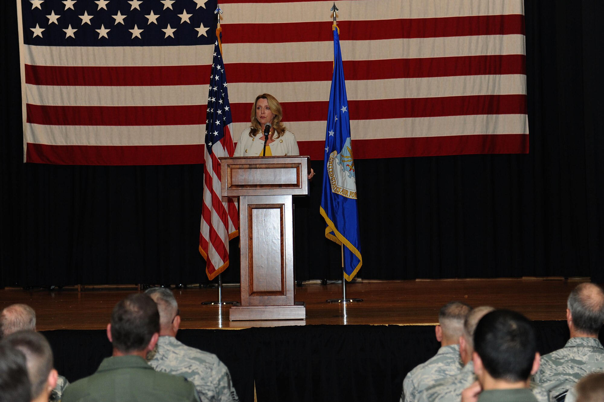 Secretary of the Air Force Deborah Lee James speaks with Airmen during an all call, July 29, 2016, at McConnell Air Force Base, Kan. James used her visit to mentor Airmen and learn about the base’s missions during several events. (U.S. Air Force photo/Senior Airman David Bernal Del Agua)