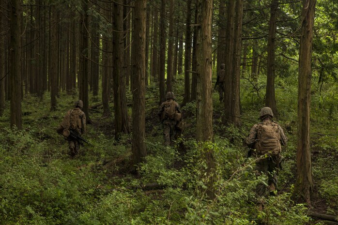 U.S. Marines with Marine Wing Support Squadron (MWSS) 171 stationed at Marine Corps Air Station Iwakuni, Japan, begin to return to their forward operating base after receiving contact from a simulated enemy during Exercise Eagle Wrath 2016 at Combined Arms Training Center Camp Fuji, July 28, 2016. During the culminating event, Marines established a mock air base including a landing zone and refueling point, constructed defensive and machine-gun positions, and conducted convoys and patrols over the course of four days. (U.S. Marine Corps photo by Lance Cpl. Aaron Henson)