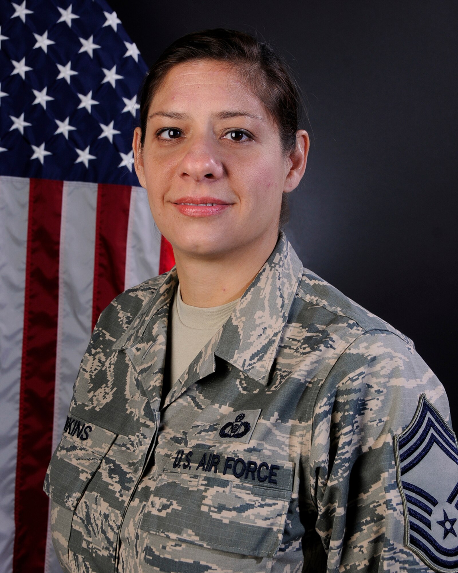 Portrait of U.S. Air Force Chief Master Sgt. Carmen Harkins, superintendent of the command post for the 169th Fighter Wing at McEntire Joint National Guard Base, S.C., July 28, 2016. (U.S. Air National Guard photo by Airman 1st Class Megan Floyd)